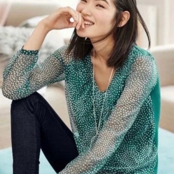 Boden Tops - Boden Aubrey Jersey Knit Top Womens US 6 Chiffon Overlay Polka Dot Blouse Green